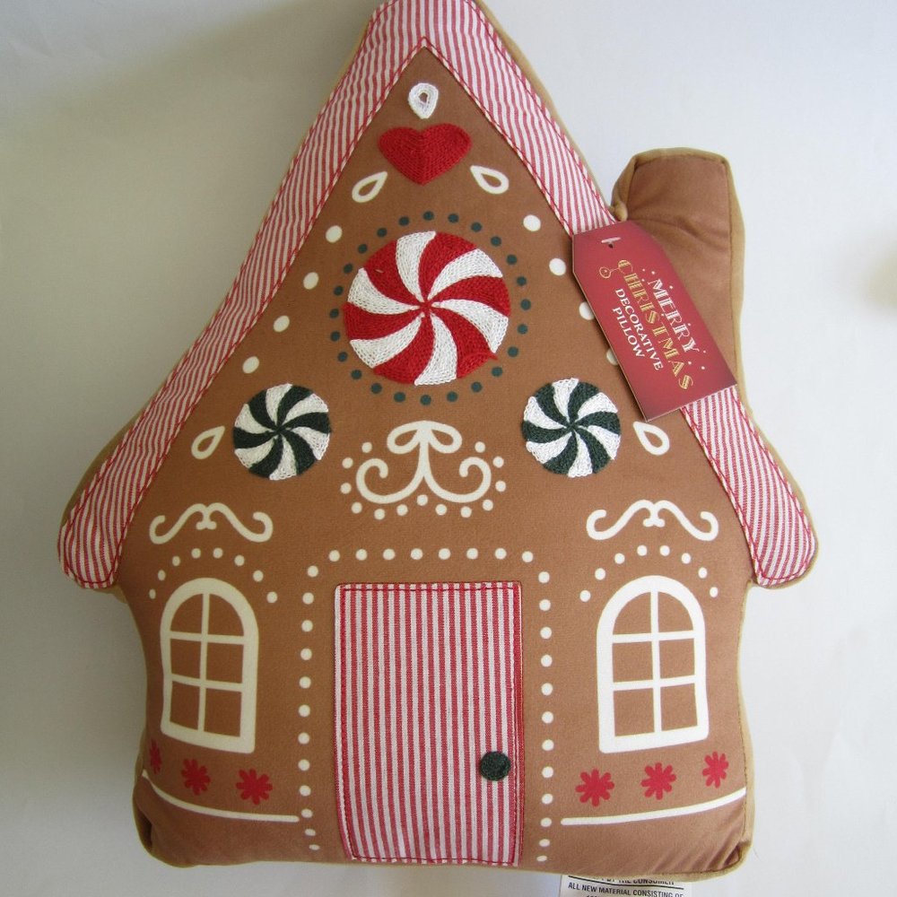 Gingerbread House Peppermint Christmas Decorative Pillow - Picture 1 of 3